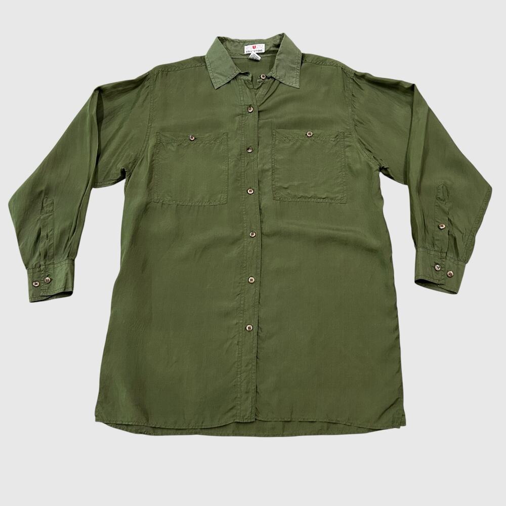 100% Silk Green Utility Button Shirt Small Oversized Button Down Minimalist -